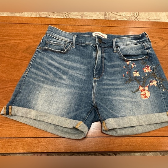 Driftwood Embroidered Denim Shorts Women 27 Cuffed Blue Mid Rise Stretch Floral - Picture 1 of 4